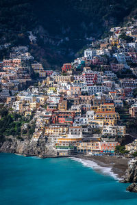 Aerial view of town by sea