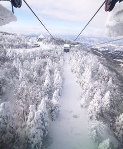 Overhead cable car over snow covered sea