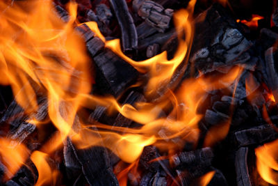 Firewood burning with bright fire close-up