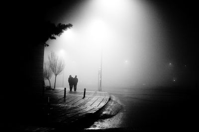 Rear view of people walking on illuminated street at night