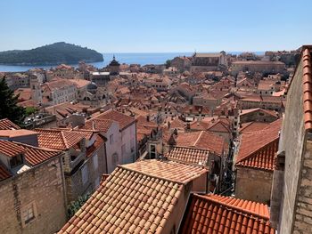 High angle view of townscape against clear sky