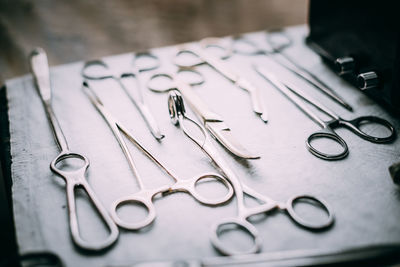 High angle view of tools on table