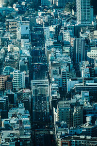 High angle view of modern buildings in city