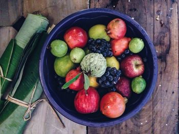 Directly above shot of fruits in bowl on table