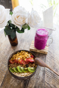 High angle view of breakfast on table
