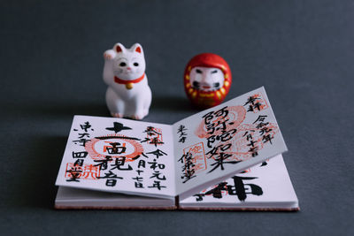 High angle view of toys on table against black background