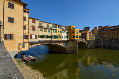 Bridge over canal by buildings against sky in city