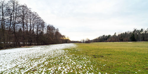 Scenic view of snowy field against sky