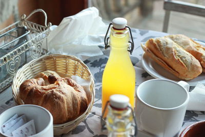 High angle view of breakfast served on table