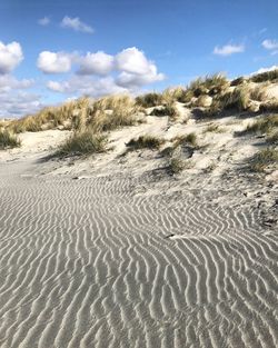 Sand dunes at beach against sky