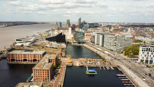 Liverpool city center , albert docks. drone aerial photo may 2022