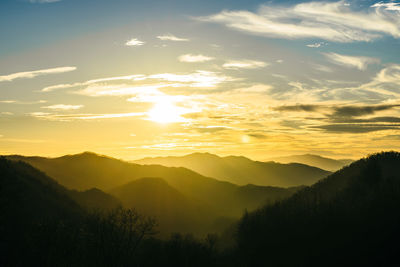 Scenic view of silhouette mountains against sky at sunset