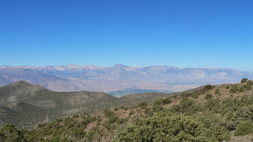 Scenic view of mountains against clear blue sky