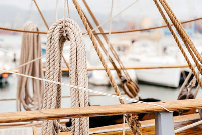 Close-up of rope tied on boat