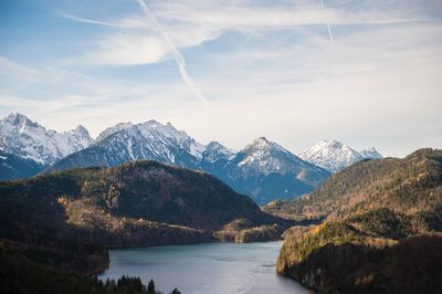 Scenic view of lake and mountains against sky