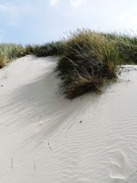 High angle view of sand dune on beach against sky