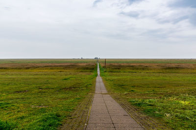 Empty footpath amidst grassy landscape against sky