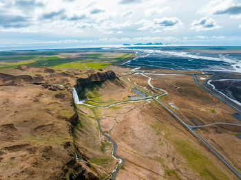 Aerial view of the seljalandsfoss - located in the south region in iceland