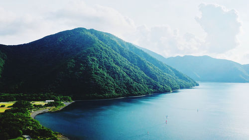 Scenic view of lake against cloudy sky