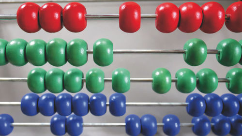 Close-up of multi colored abacus against wall