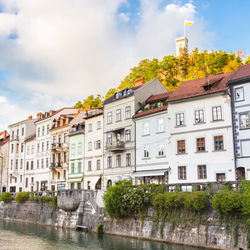 Low angle view of building by river against sky