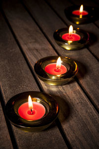 Close-up of illuminated candles on table