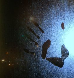 High angle view of human hand against sky at night