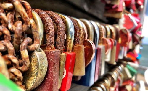 Close-up of rusty padlocks on metal