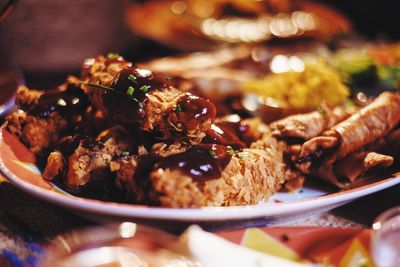 Close-up of food served in plate on table