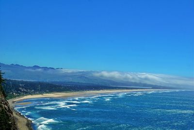 Scenic view of sea against clear blue sky