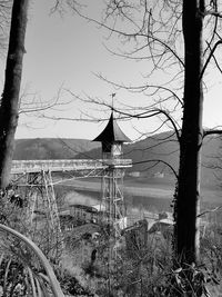 Bare trees on landscape against clear sky