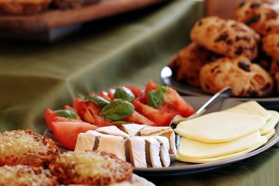 Close-up of breakfast served on table