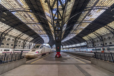 Trains on the platforms of a barcelona station with a fantastic roof