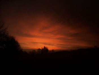 Silhouette trees on landscape against orange sky