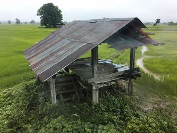 Wooden structure with grass in background