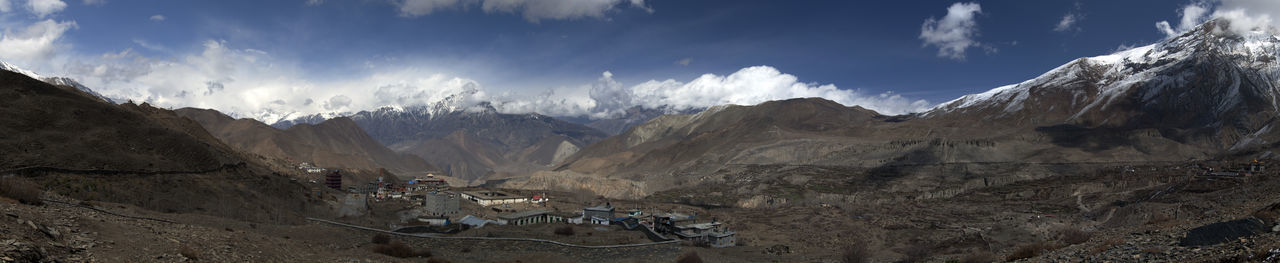 Panorama of mountains and snow in the himalayas trekking along annapurna circuit in nepal.