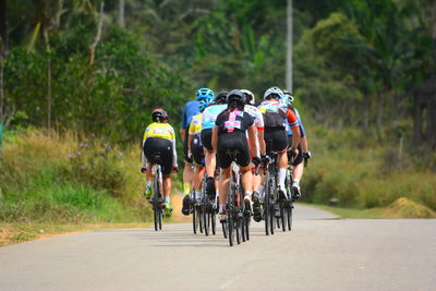 People riding bicycles on road against trees