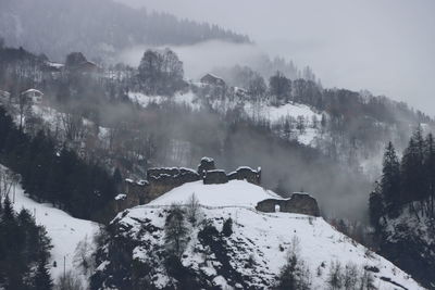 Panoramic view of snow covered mountain against sky