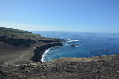Scenic view of sea against clear blue sky
