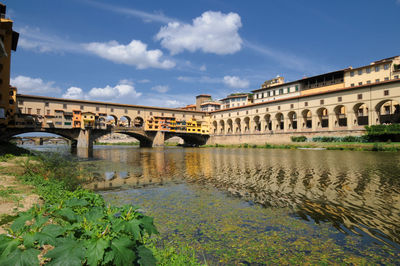 Arch bridge over river in city against sky