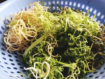 High angle view of vegetables in plate on table