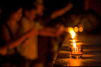 Close-up of lit candles in temple