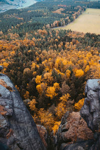 Scenic view of rocky mountains during autumn