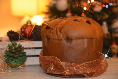 Close-up of christmas decorations on table