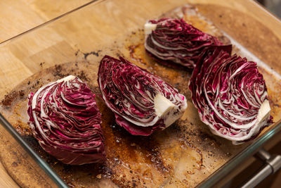 High angle view of chopped bread on cutting board