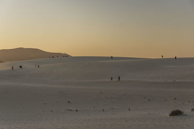 People on beach against sky during sunset