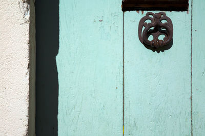 Green painted door with handle, natural light and sunlight, background