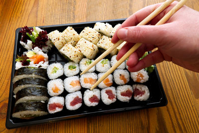 High angle view of sushi in tray