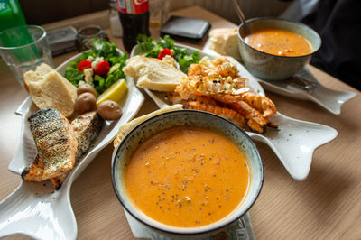 High angle view of food served on table