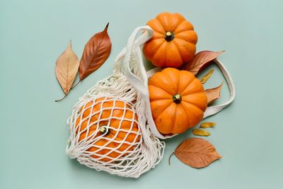 High angle view of pumpkins on table